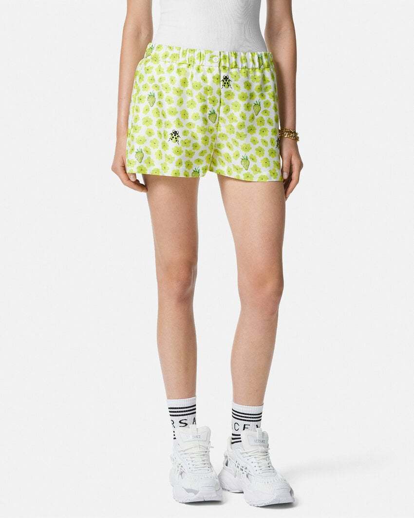 Versace Silk Twill Shorts With Strawberry Garden Print In Green