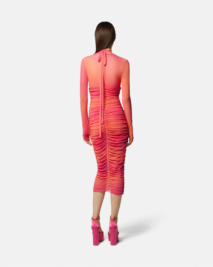 Versace Pleated High-neck Dress In Red