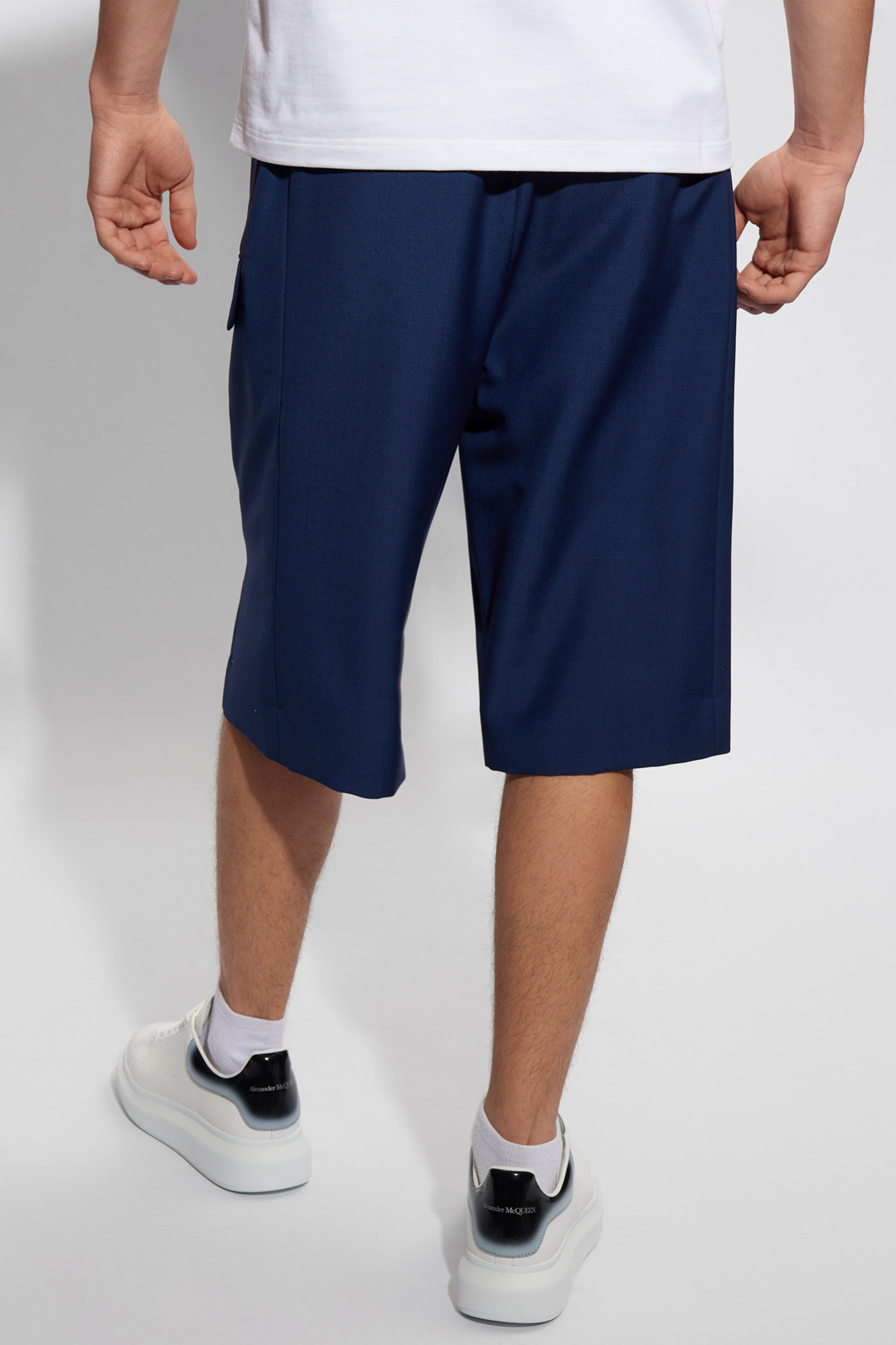 Alexander Mcqueen Mohair Blend Cargo Shorts With Elastic Waistband In Blue
