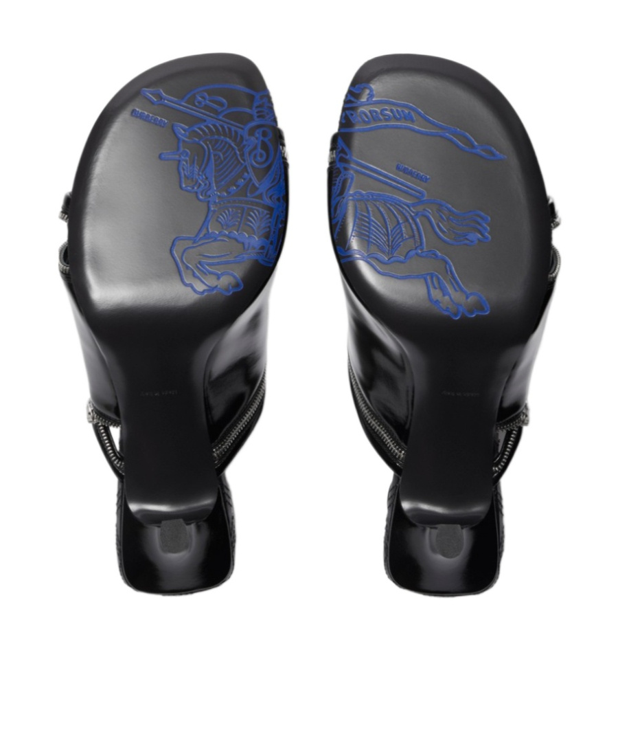 Burberry Glossy Leather Peep Mules In Black