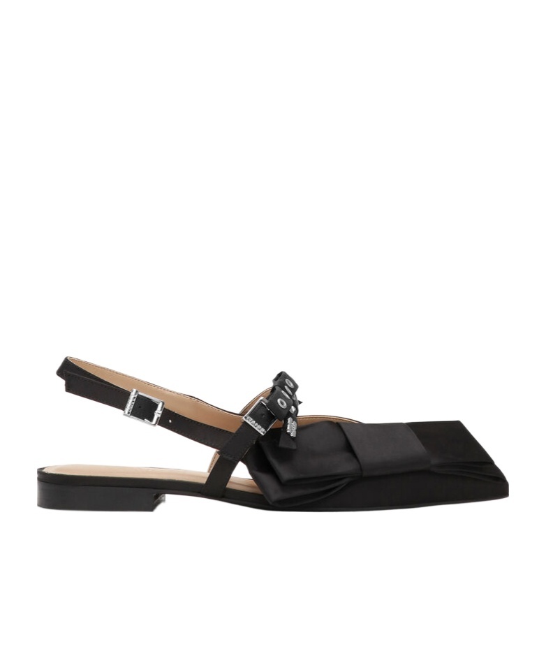 Ganni Big Bow Slingback Pointed-toe Flats In Black