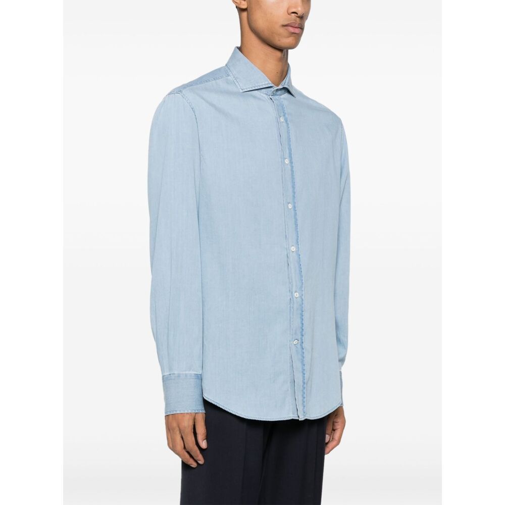Brunello Cucinelli Denim Shirt With Long Sleeves And Curved Hem In Blue