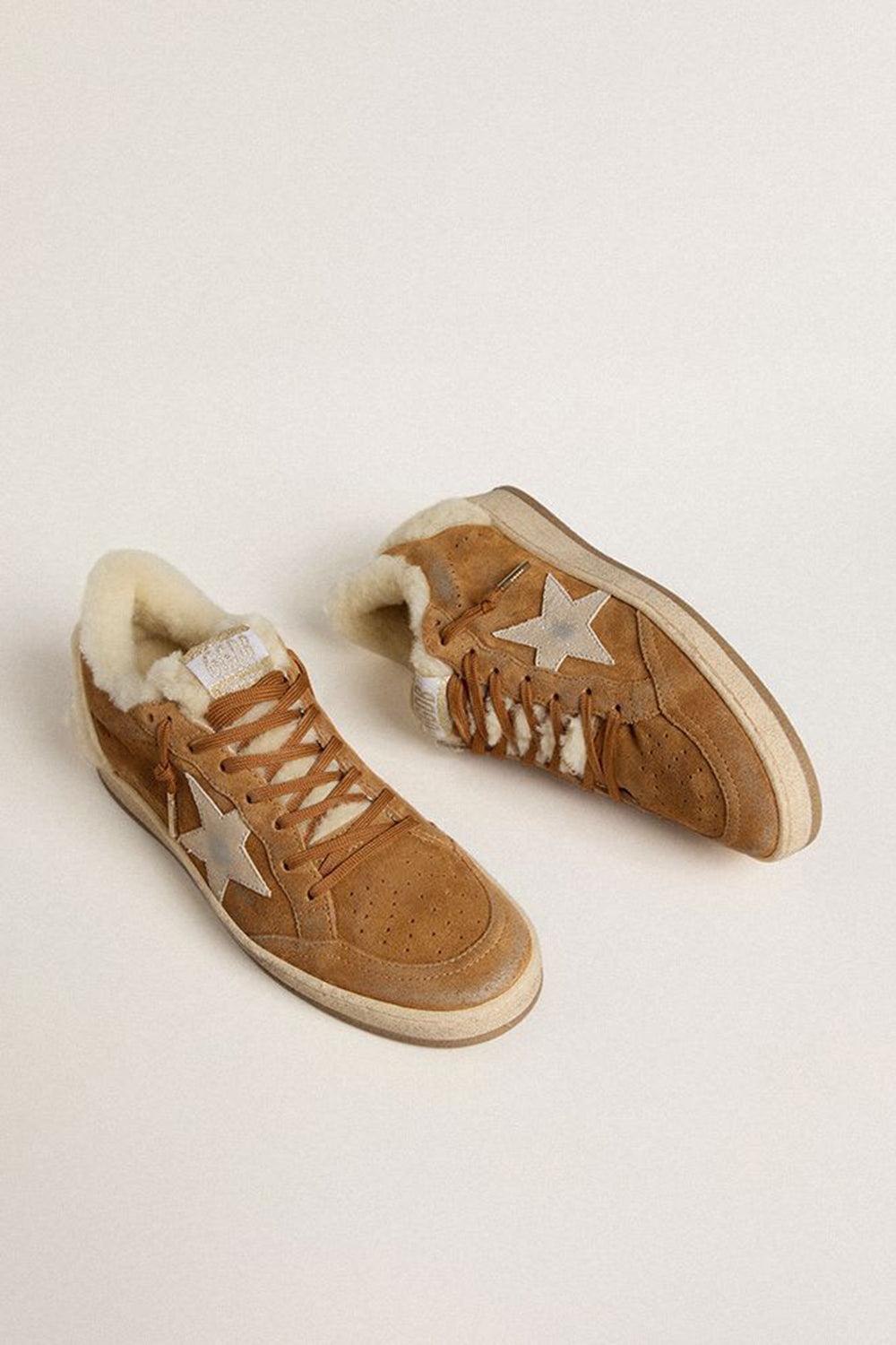Golden Goose Ball Star Suede Shearling Sneaker In Brown