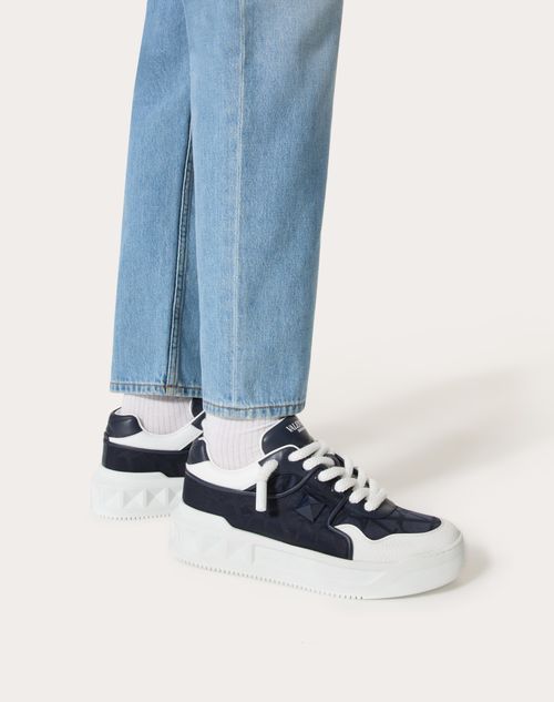 Valentino One Stud Xl Low-top Sneaker In Nappa Leather And Jacquard Toile Iconographe Technical Fabric In White