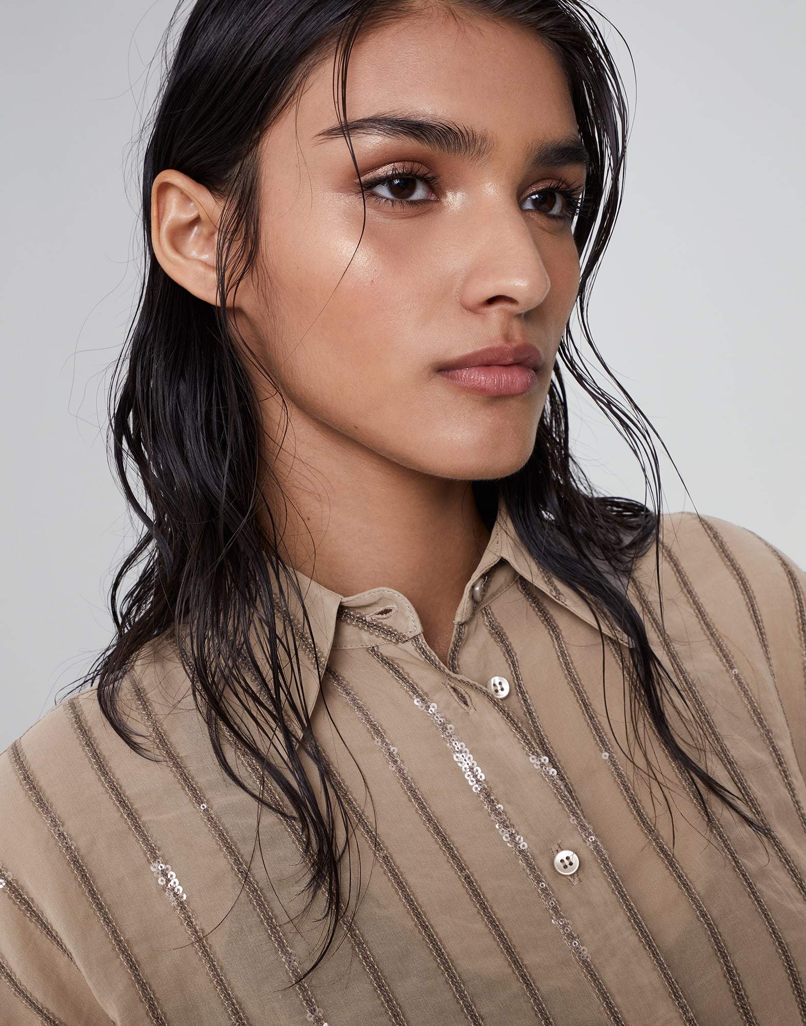 Brunello Cucinelli Sequin-embellished Striped Cotton Shirtdress In Brown