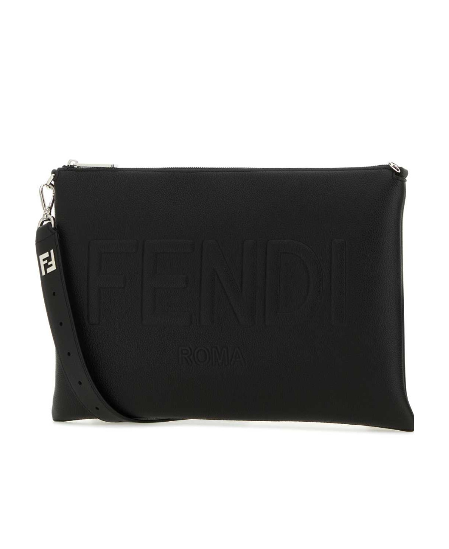 Fendi Logo Detailed Zipped Clutch Bag In Black