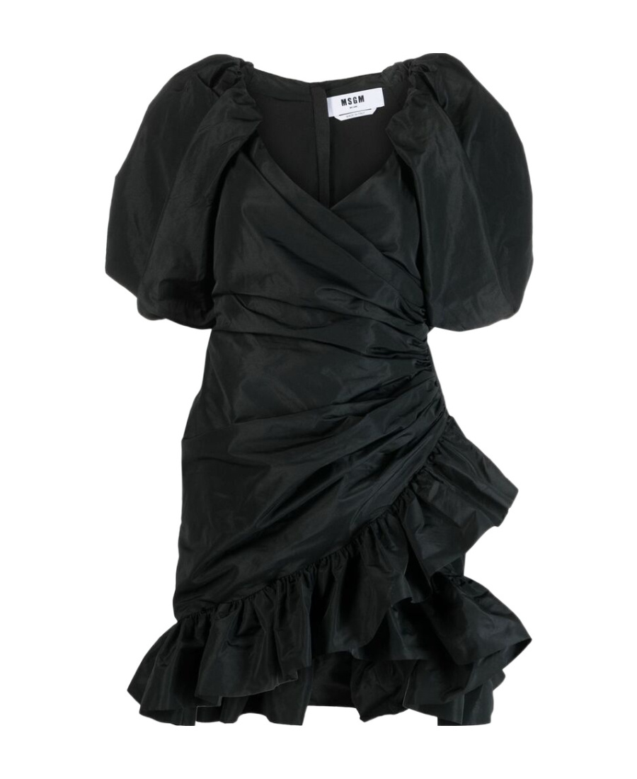 Msgm Puff Sleeve Dress With Ruched Hem In Black