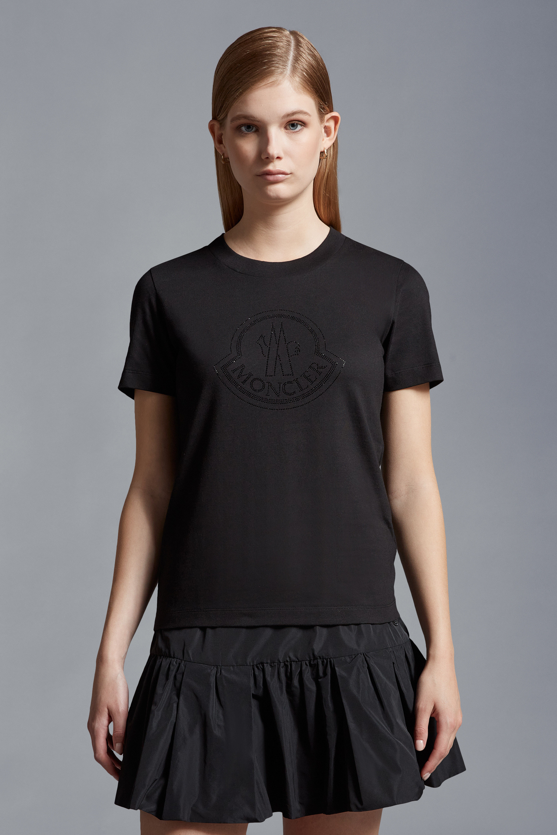 Moncler Crystal Logo Crew Neck T-shirt In Black