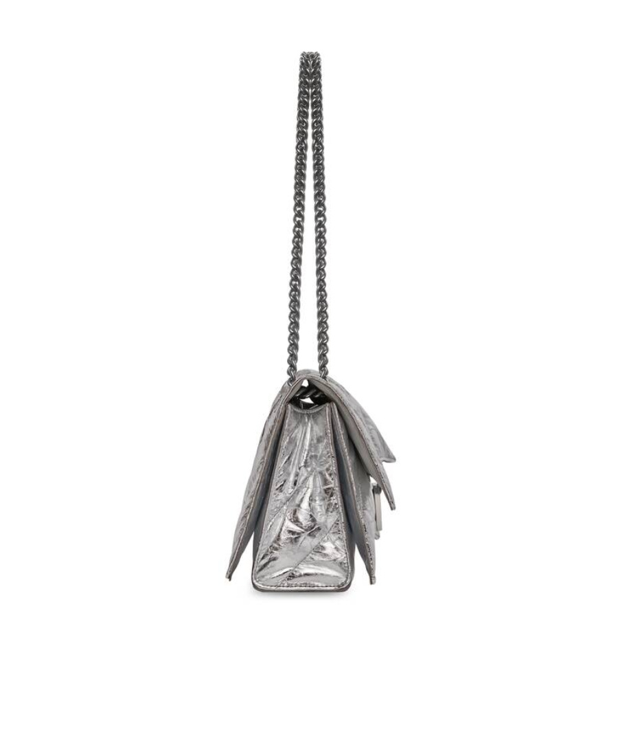 BALENCIAGA BORSA CRUSH PICCOLA TRAPUNTATA E METALLIZZATA CON CATENA DA DONNA IN ARGENTO