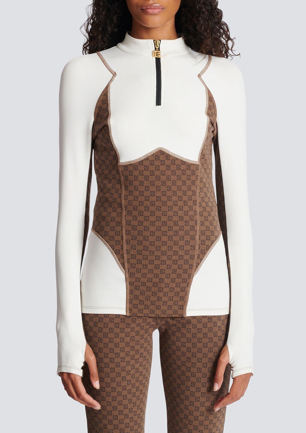 Shop Balmain Mini Monogram Technical Top In Brown