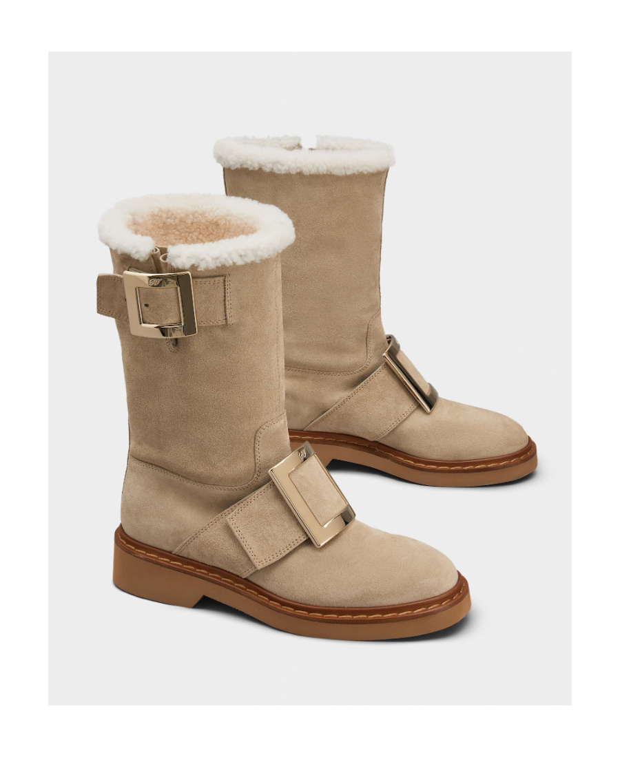 Roger Vivier Calf Suede Buckle Boots In Nude
