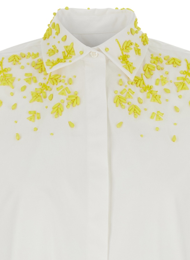 Msgm White Shirt With Classic Collar And Front Embellishment In White