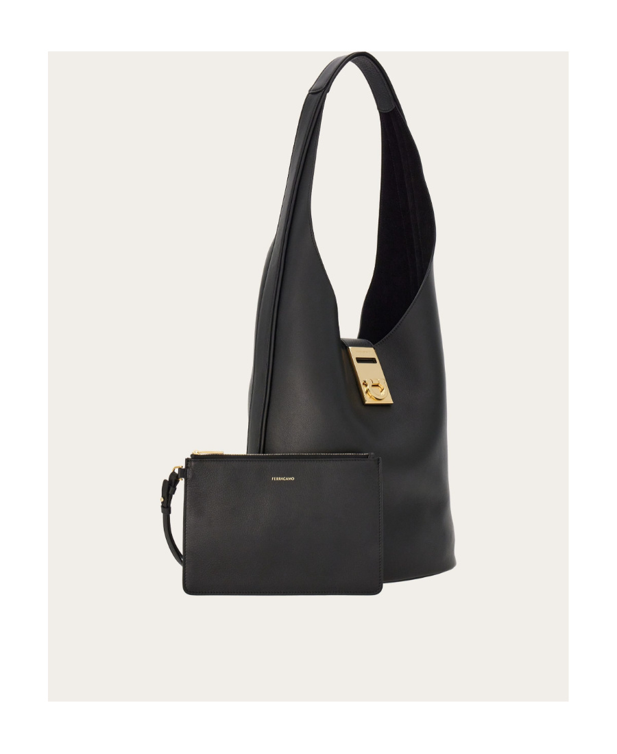 Ferragamo Salvatore Gancini Buckle Large Shoulder Bag In Black