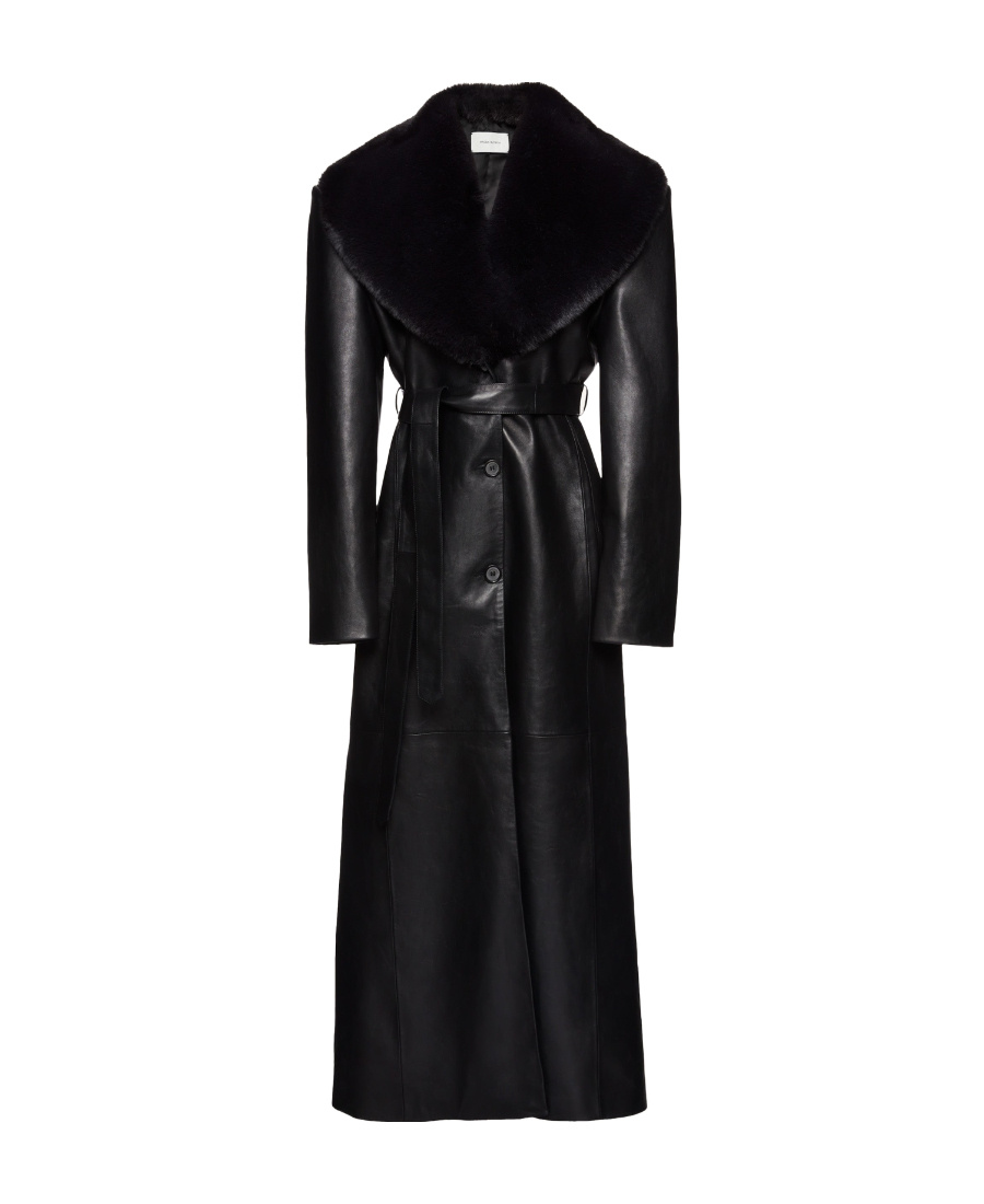 Magda Butrym Long Faux Fur Trim Belted Leather Coat In Black