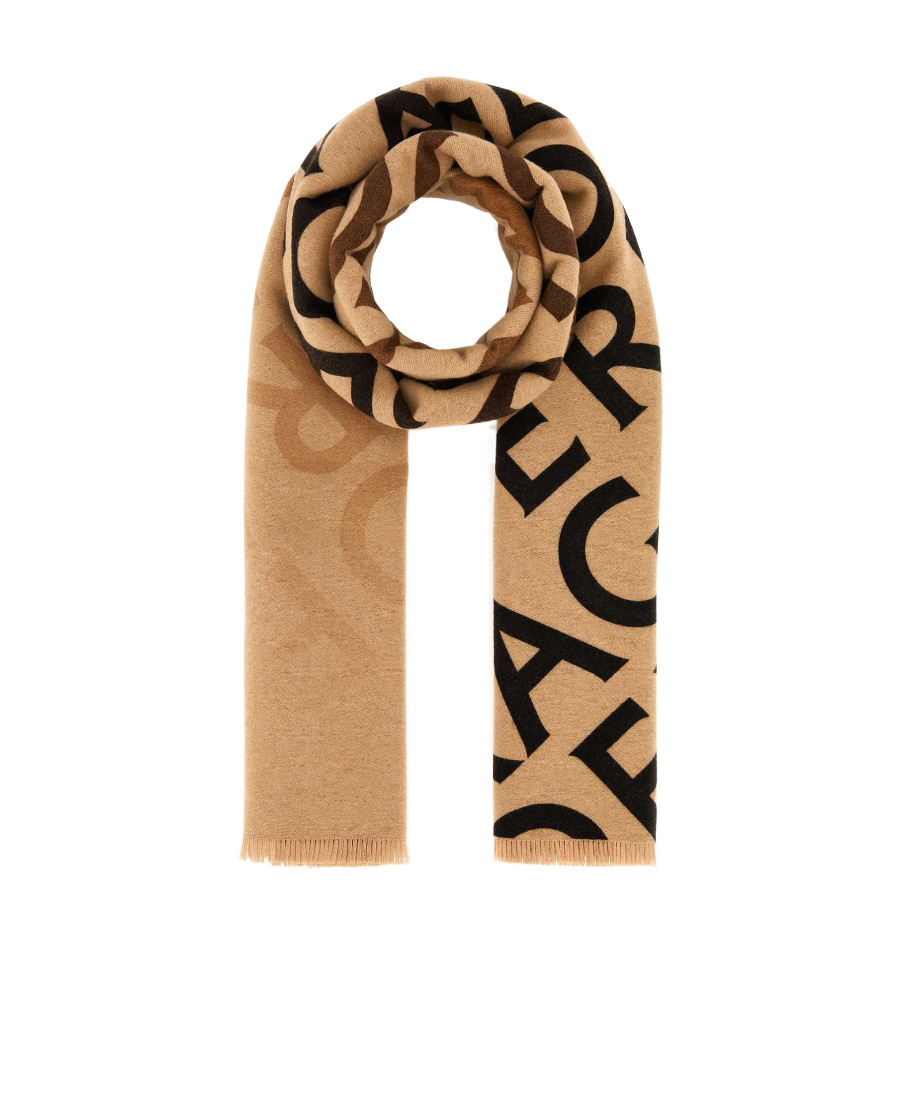 Ferragamo Wool Blend Reversible Embroidered Scarf With Fringed Edges In Brown