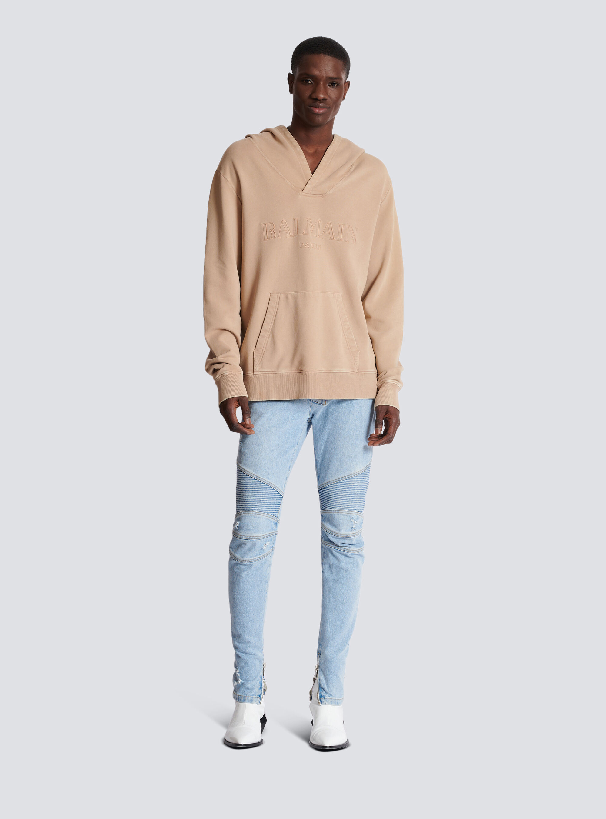 Balmain Logo-embroidered V-neck Cotton Hoodie In Nude