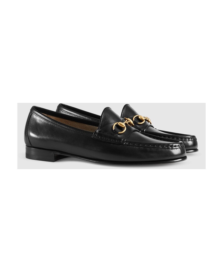 Gucci Women Black Calf Leather Moc Stitching Signature Horsebit Detail Almond Toe Slip-on Style Bran In Black