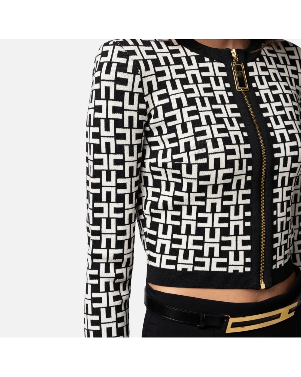 Shop Elisabetta Franchi Monogram-jacquard Zipped Cardigan In Black