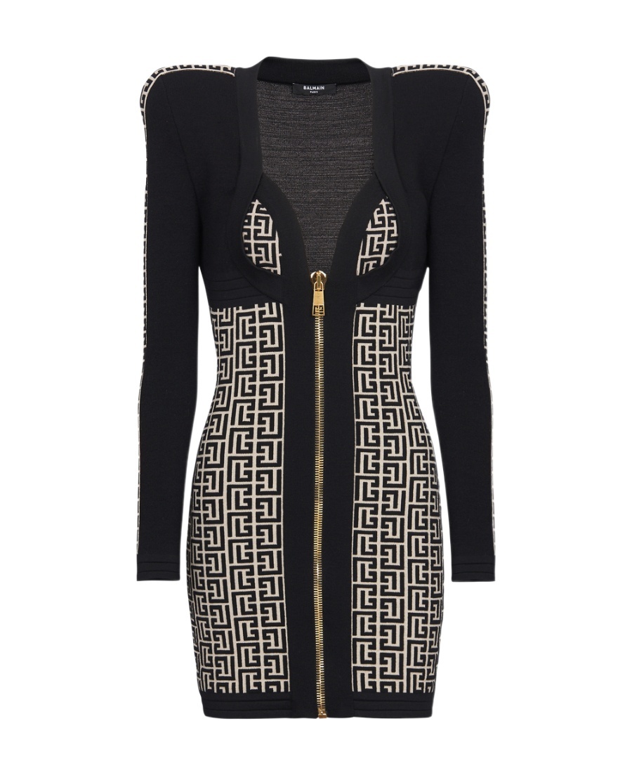 Balmain Black Monogram Minidress With Logo Print All-over In Wool Blend Woman In Black