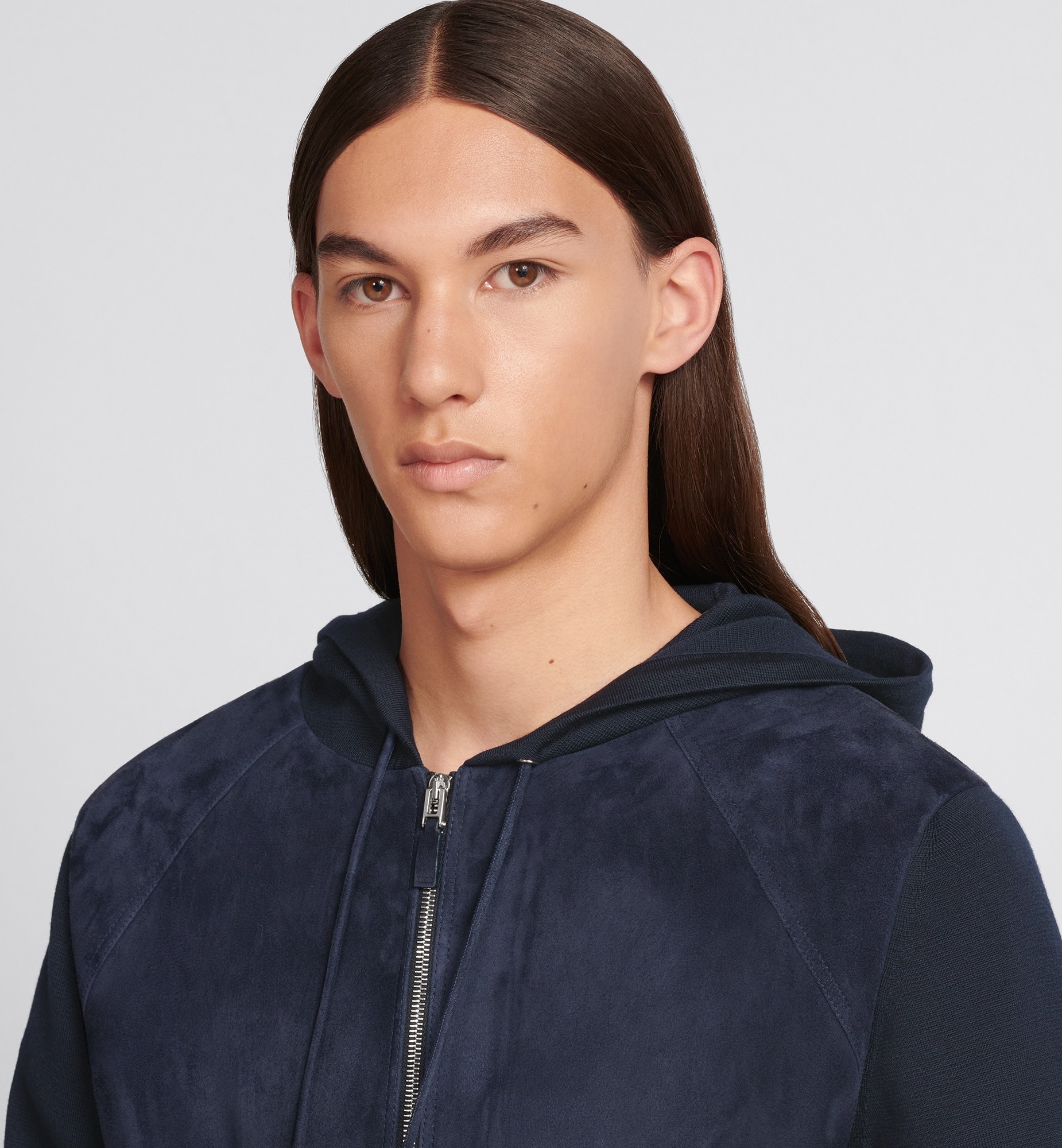 Dior Icons Zipper Hooded Wool Sweater In Blue