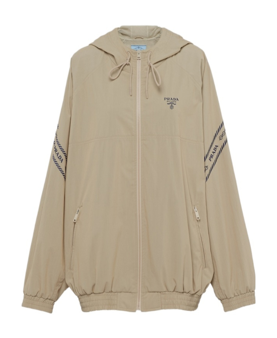 Prada Logo-embroidered Hooded Jacket In Brown