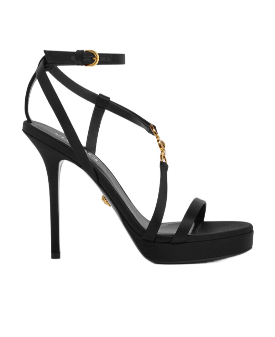 Versace Satin Ankle Strap Sandals With Golden And Rhinestone Logo 12 In Black