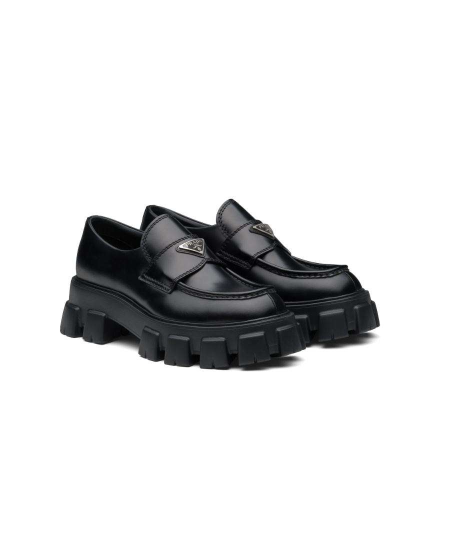 Prada Monolith Patent Leather Flatform Loafers In Black