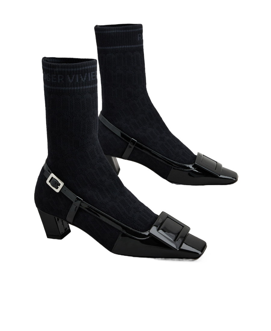 Roger Vivier Belle Vivier Sock Lacquered Buckle Ankle Boots In Black
