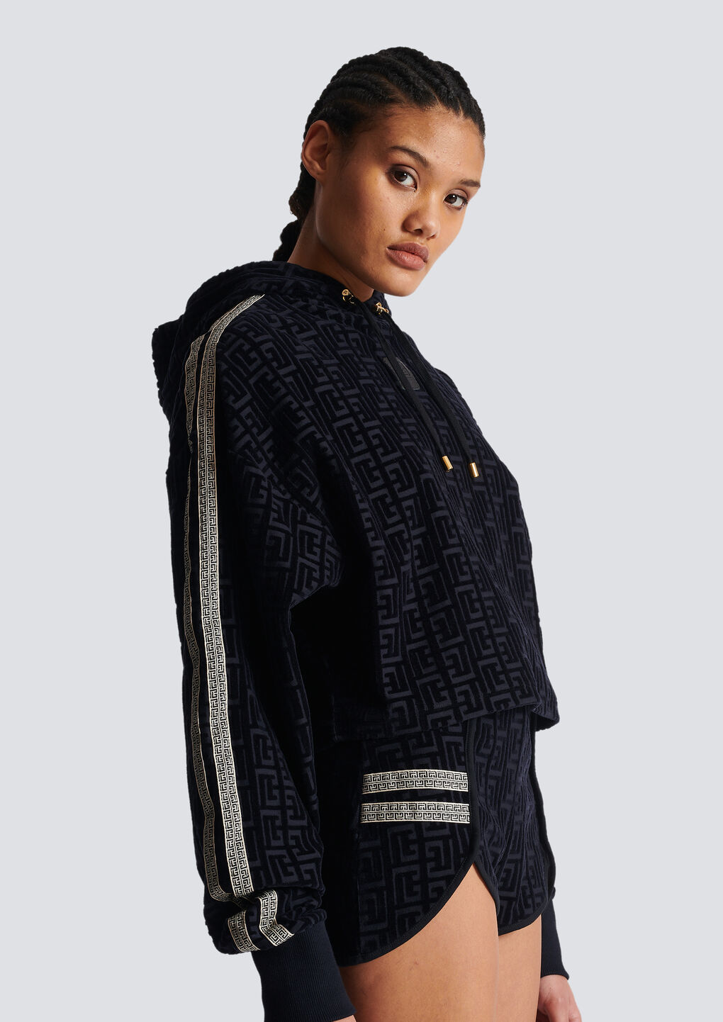 Balmain Monogram-print Cropped Hoodie In Black