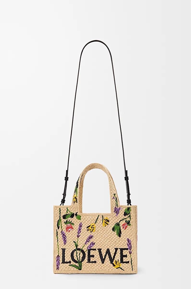 Loewe Font Flowers Small Raffia Tote Bag In Nude
