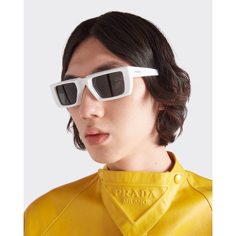 Prada Logo-lettering Rectangle-frame Glasses In Gray