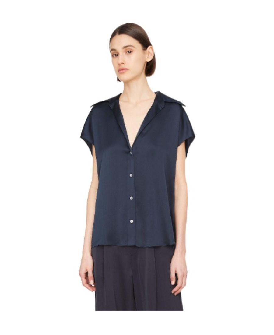 Vince Cap-sleeve Linen Button-front Blouse In Coastal Blue