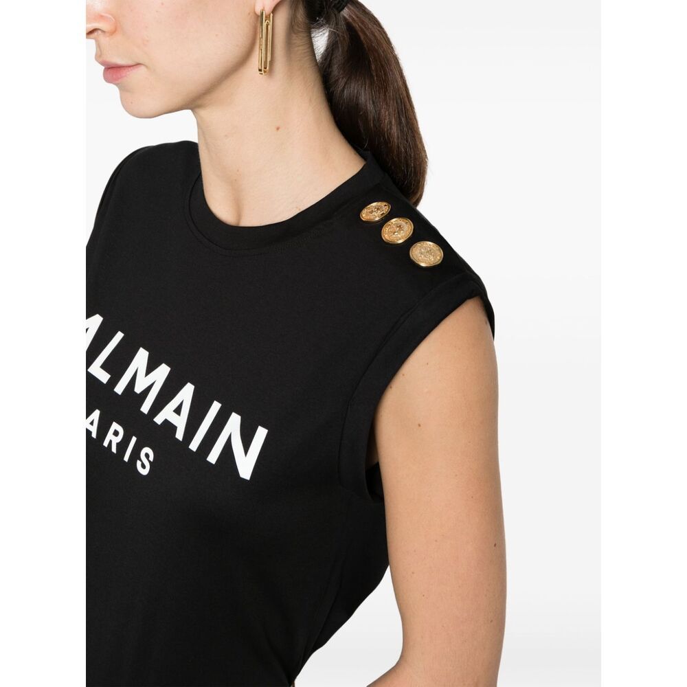 Balmain Embossed-buttons Logo-print Tank Top In Black