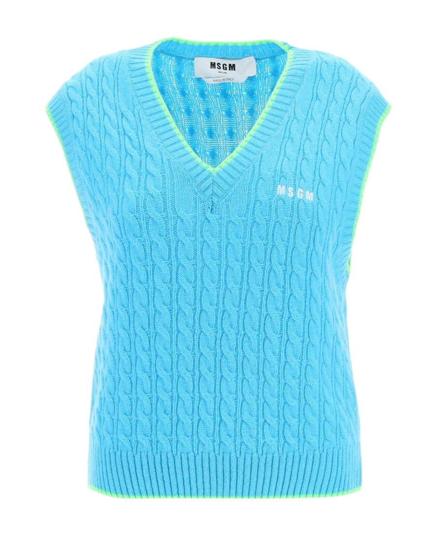 Msgm Embroidered-logo Knit Vest In Blue