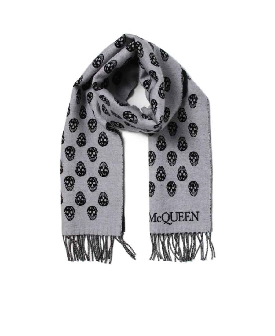 Alexander Mcqueen Skull-print Fringed Wool Scarf In Gray