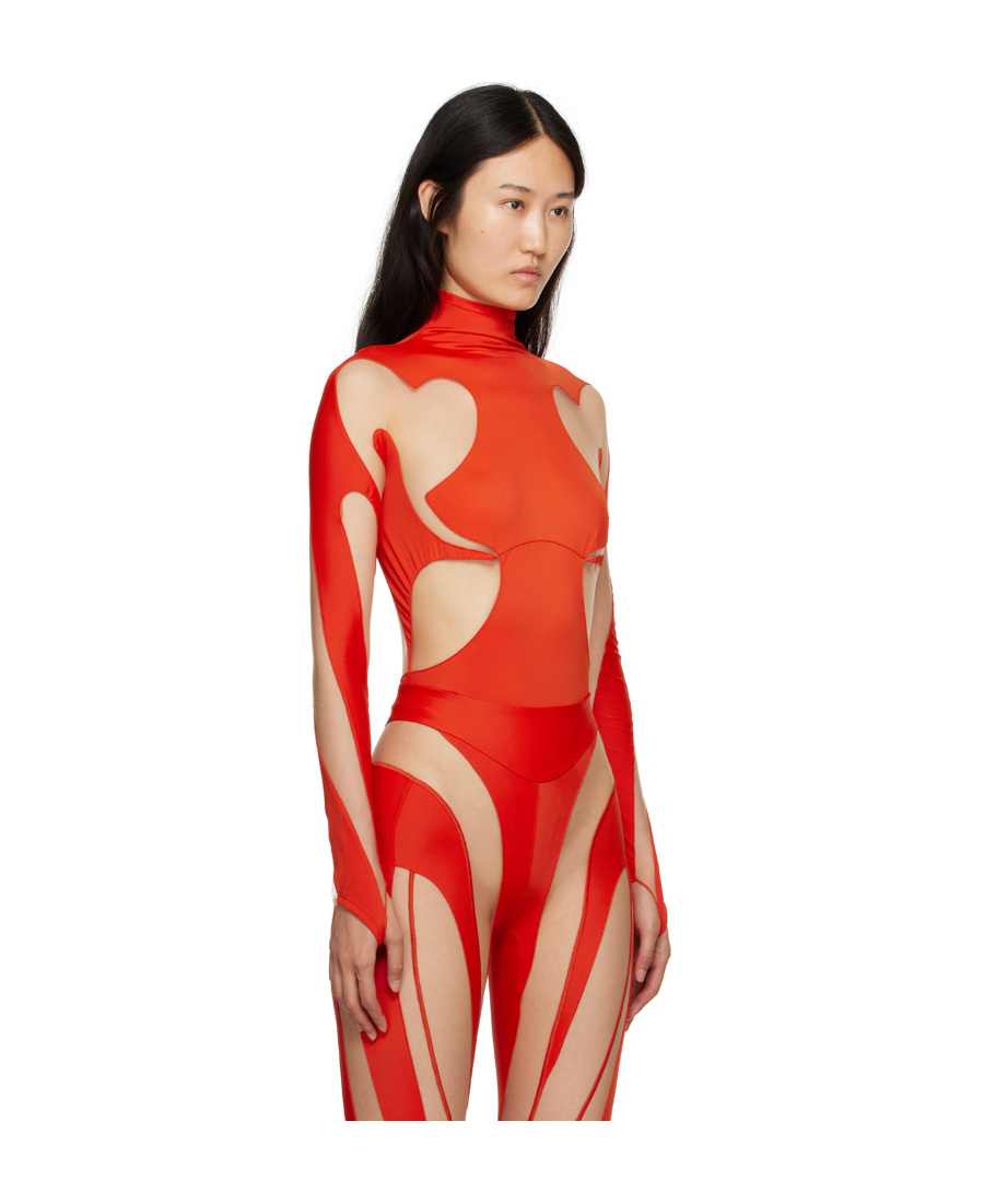 Mugler Long Sleeved Hollowed-out Jumpsuit In Red