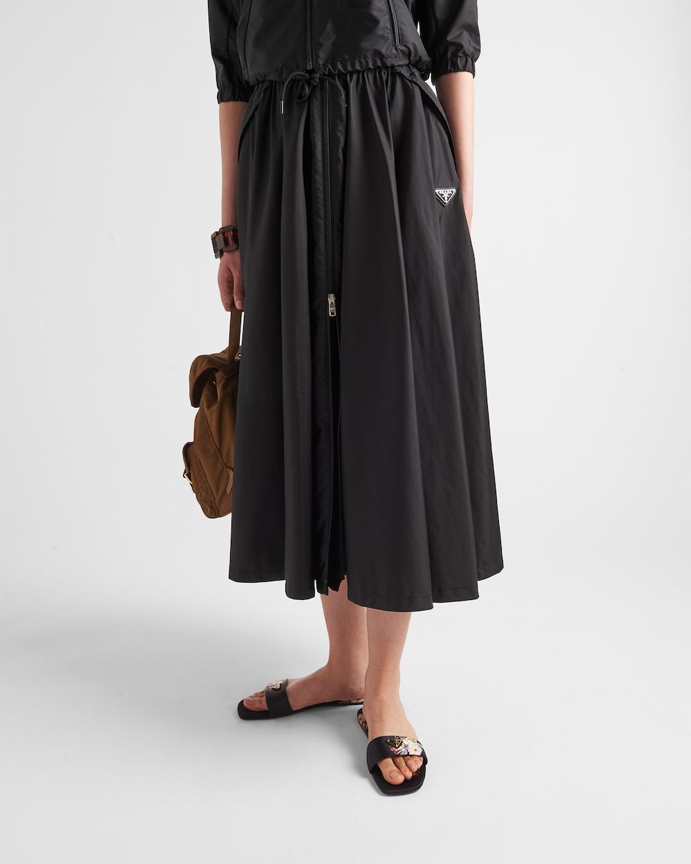 Prada Black Re-nylon Midi Skirt In Black