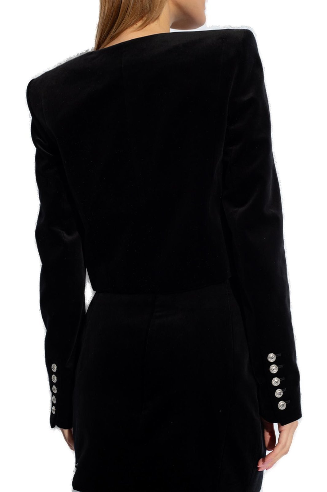 Balmain Embellished Cropped Blazer In Black Velvet In Black