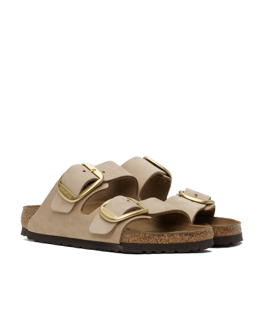 Birkenstock 'arizona' Beige Slip-on Sandals With Engraved Logo In Suede And Cork Woman In Brown
