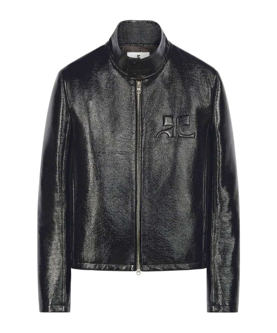 COURRÈGES LOGO-EMBOSSED PATENT BIKER JACKET 