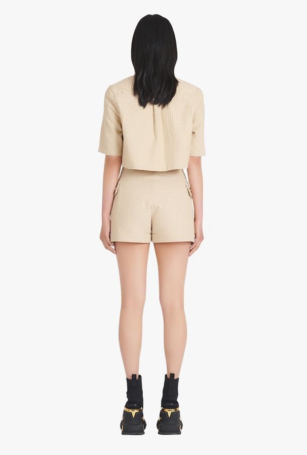 BALMAIN NUDE AND WHITE BALMAIN MONOGRAM JACQUARD PRINT SHORTS