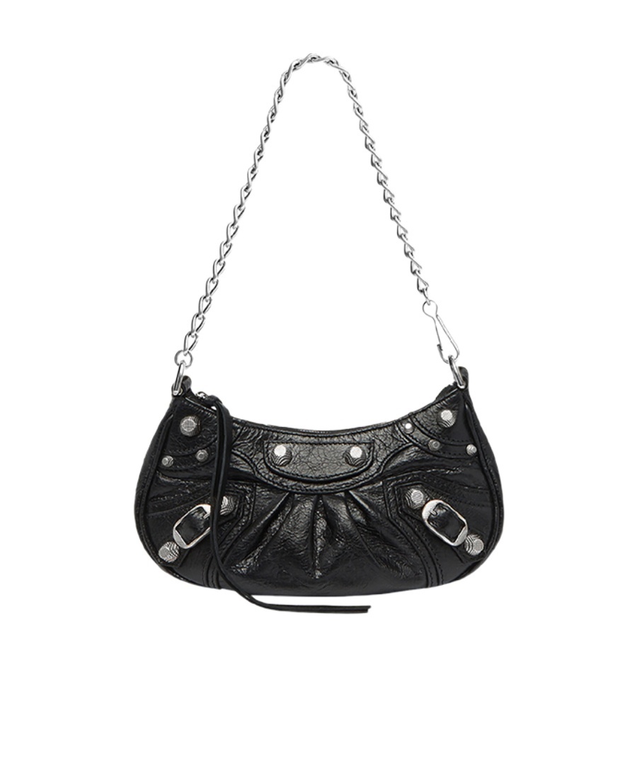 Balenciaga Green Leather Shoulder Handbag With Magnetic Closure And Metal Details In Black