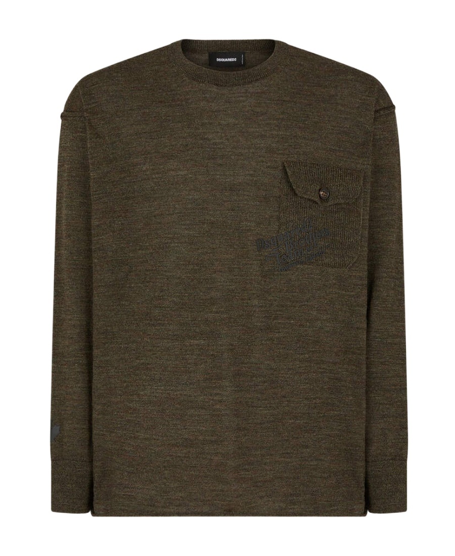 Dsquared2 Virgin Wool Crew-neck Sweater With Breast Pocket In Brown