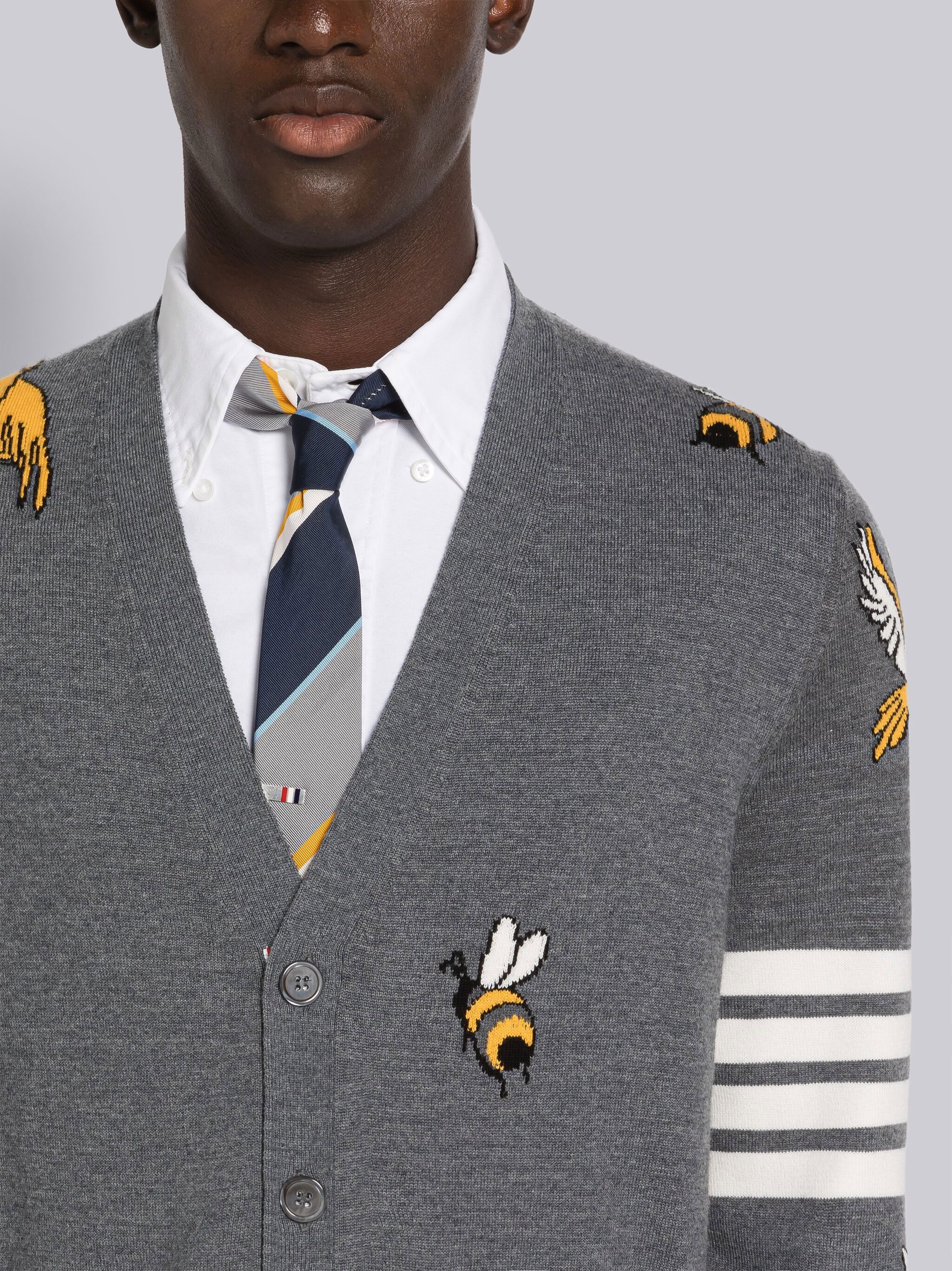 Thom Browne Birds And Bees Knitted Wool Cardigan In Gray