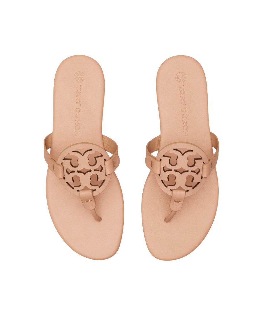 Tory Burch Miller Medallion Metallic Leather Flat Slide Sandal In Nude