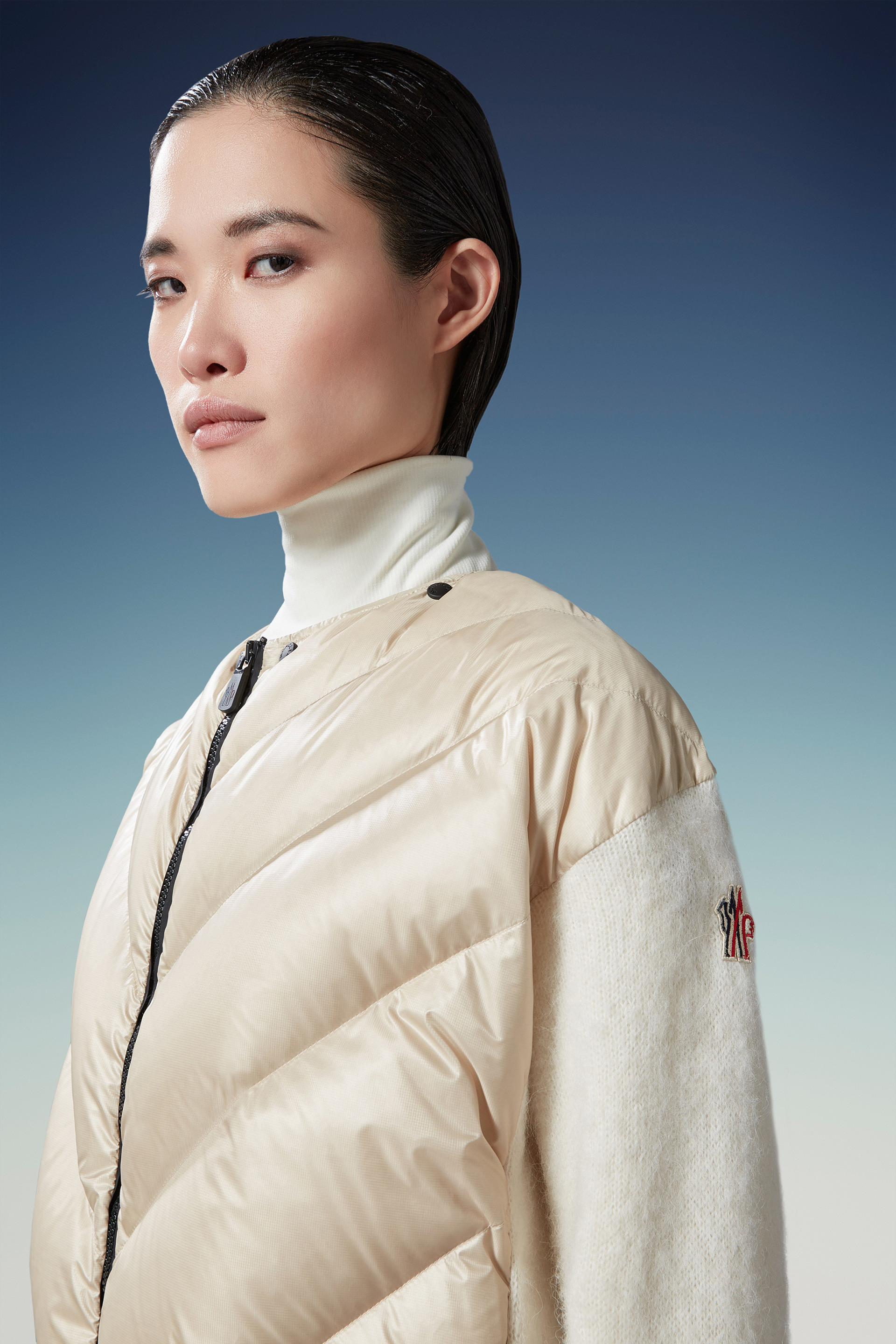 Moncler Panelled Knitted Down Jacket In White