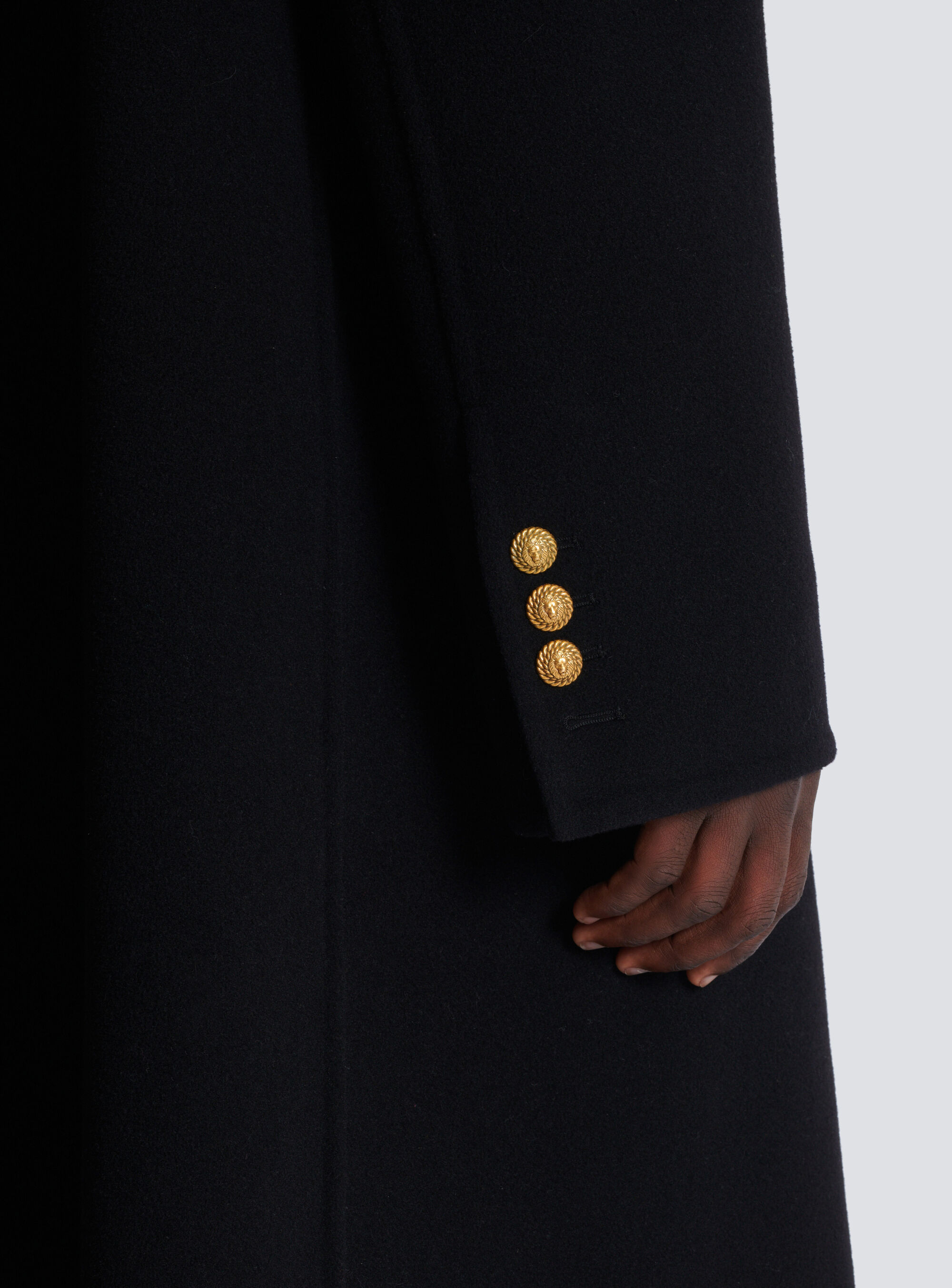 Shop Balmain Long Coat In Double-faced Wool In Black