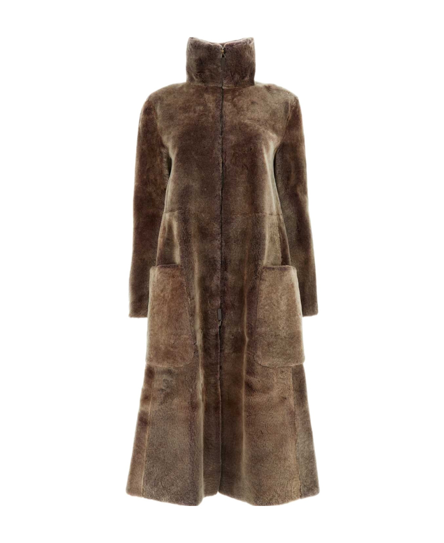 Giorgio Armani Flared Hemline Funnel Neck Long Length Coat In Brown