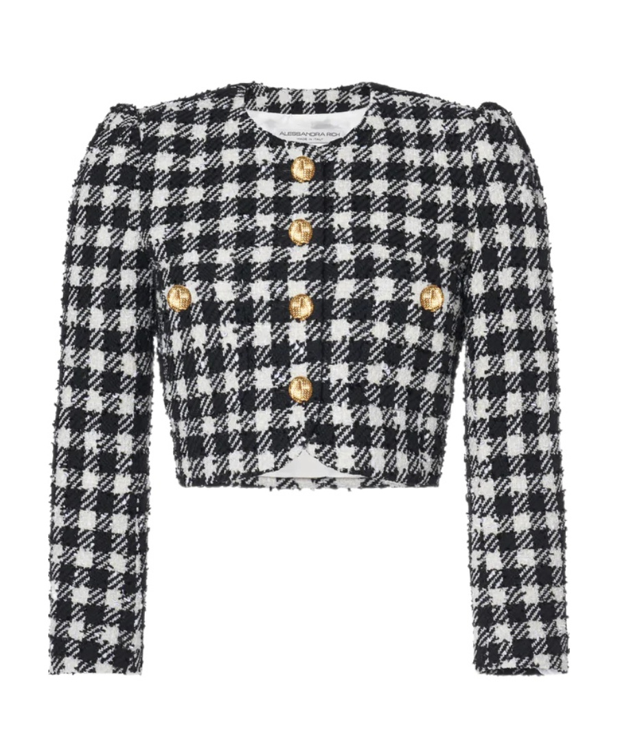 Alessandra Rich Vichy Cropped Tweed Jacket In Black