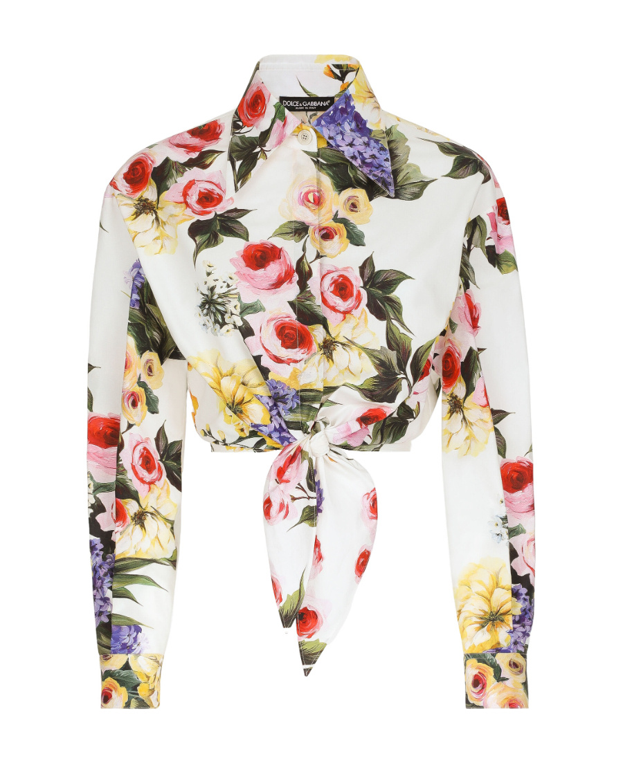 Dolce & Gabbana Floral Print Cropped Poplin Shirt With Front Tie In White